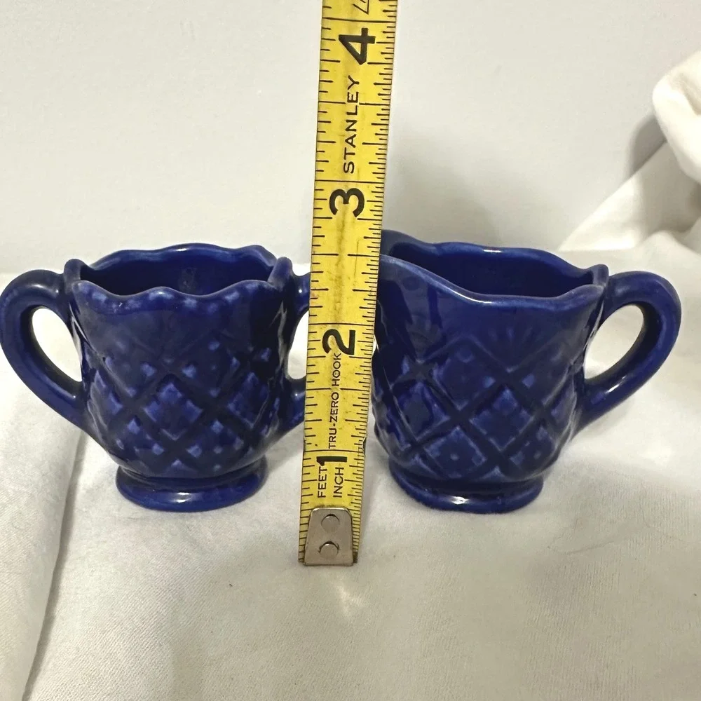 Vintage Mini Cream and Sugar Set Cobalt Blue Excellent Quilted Ceramic Tea Retro
